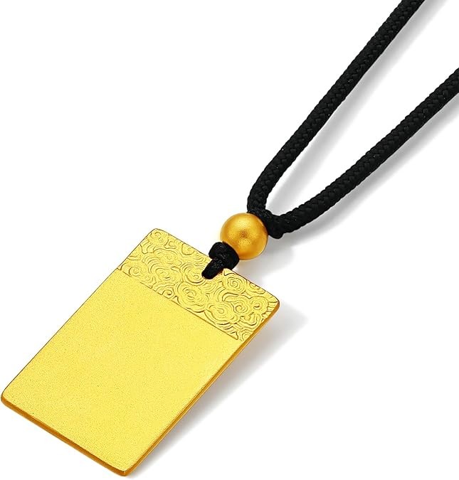 24K Solid Gold Pendant Necklace Rectangular Fortune Necklaces Ancient Style Chinese Jewelry Adjustable Black Braided Chain for Women Men Birthday Anniversary (65-75cm/25.6-29.5") A0413622
